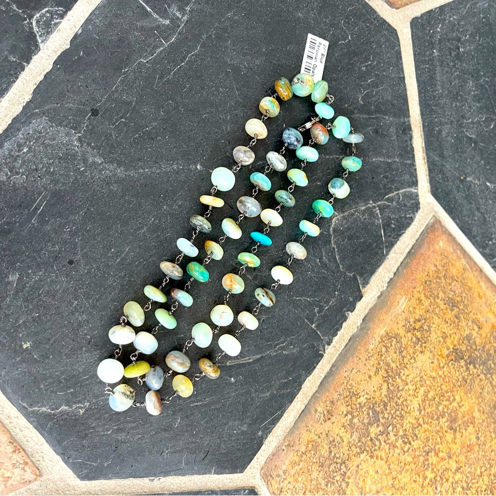 Unisex One of a kind Blue Green Peruvian Opal 27” necklace.